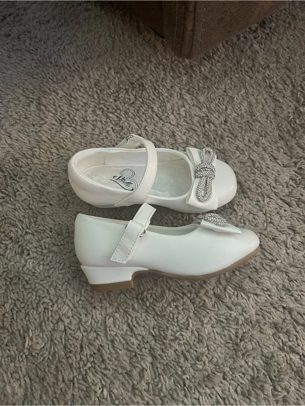 Girls White Mary Jane Dress Shoes with Rhinestone Bow Accent